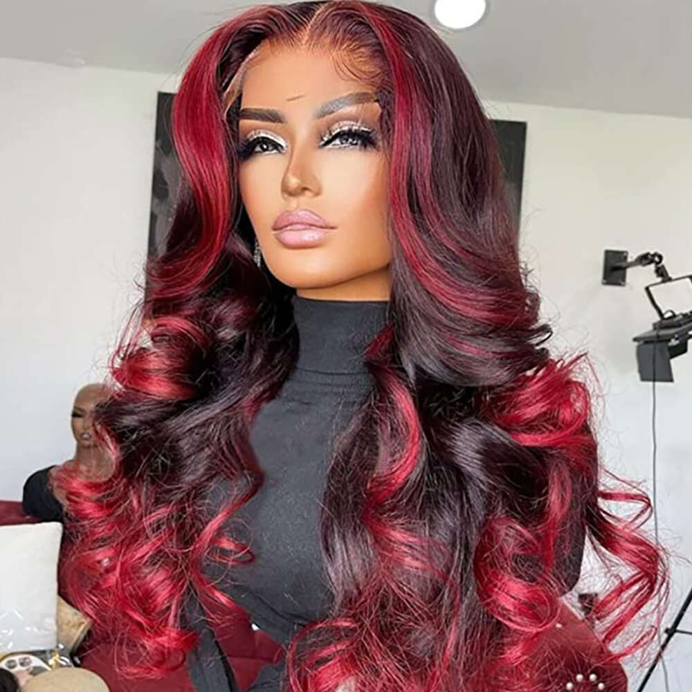 Highlight Green Body Wave Lace Front Human Hair Wigs HD Tranaparent x Frontal Wig Remy Red