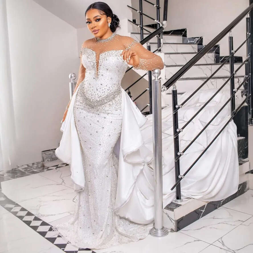 Mermaid Wedding Dress Bride Plus Size Sheer Neck Long Sleeves Lace Beaded Bridal Gowns For African Marriage Black Women With Detachable Train Cdw199 0