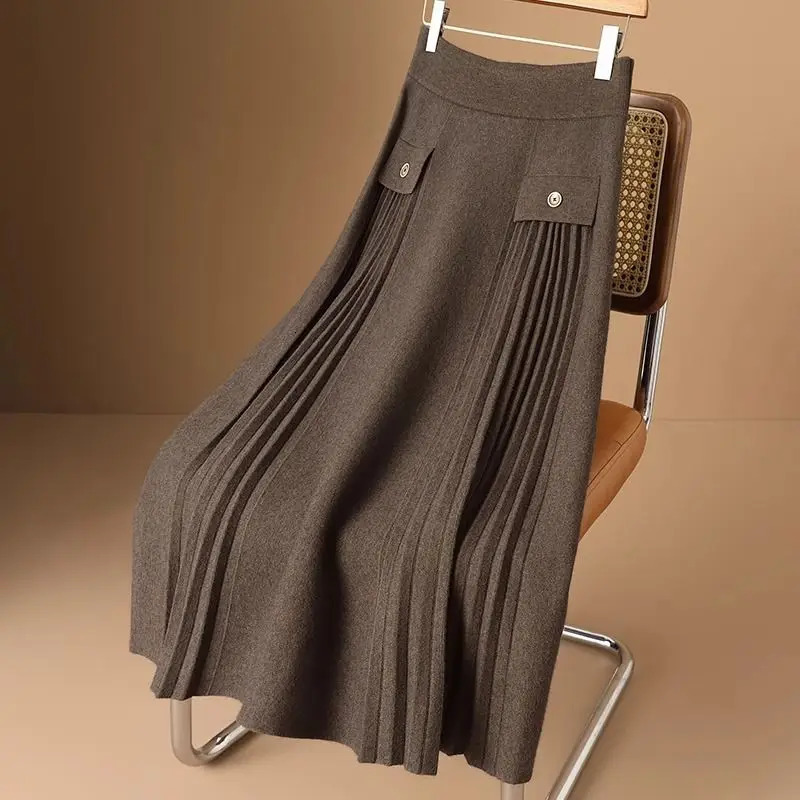 Autumn Winter Wrinkled Leather Womens Elastic High Waist Knitted Leather Pocket Womens Elegant Solid Color A-Line Leather LJ164 241028