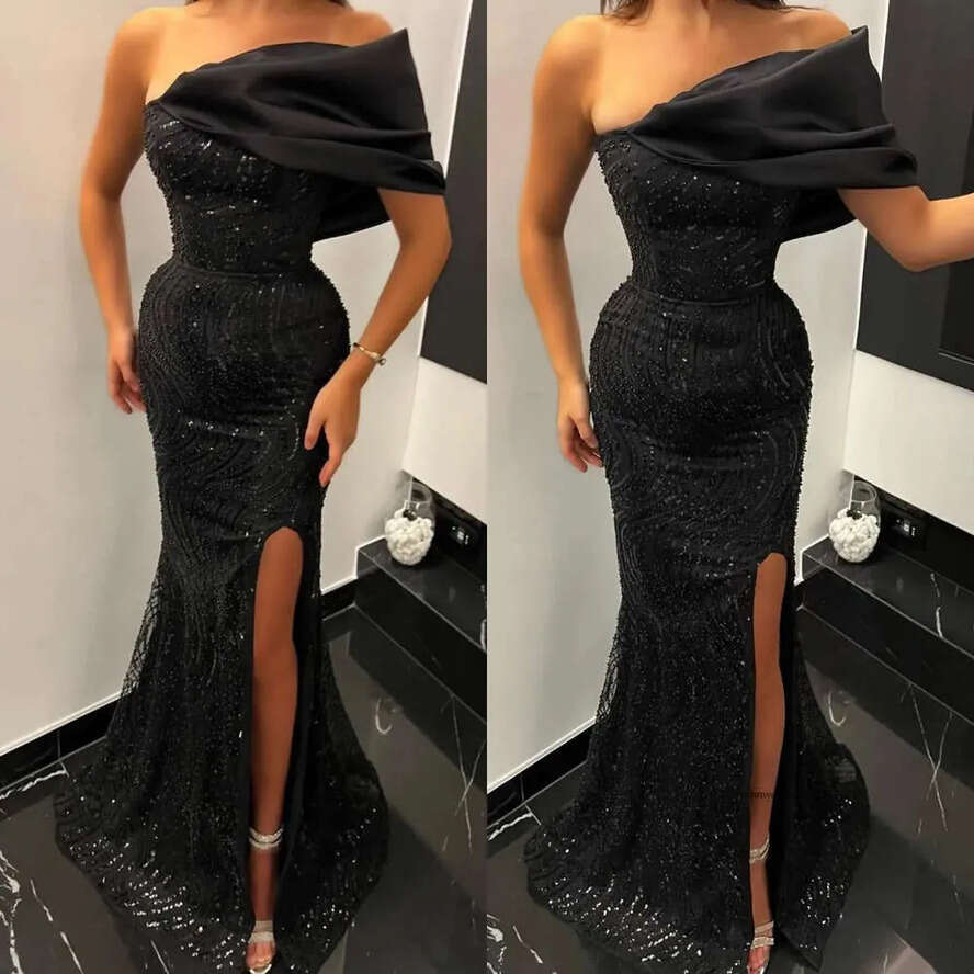 Black Mermaid Evening Gown One Shoulder Crystal Party Prom Dresses Split Formal Long Dress For Special Ocn 0515