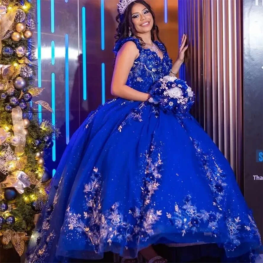 Blue Shiny Quinceanera Dresses Ball Gown 3Dral Appliques Lace Sleeveless Off Shoulder Handmade Wers Sweet 15 Vestidos De XV Anos 0509