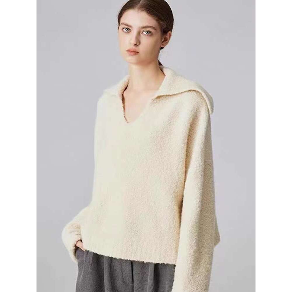 2024 Autumn And Winter New 100 Cashmere Women's Retro Loose Knit Sweater V-Neck Long Sleeve Woolen Base Shirt