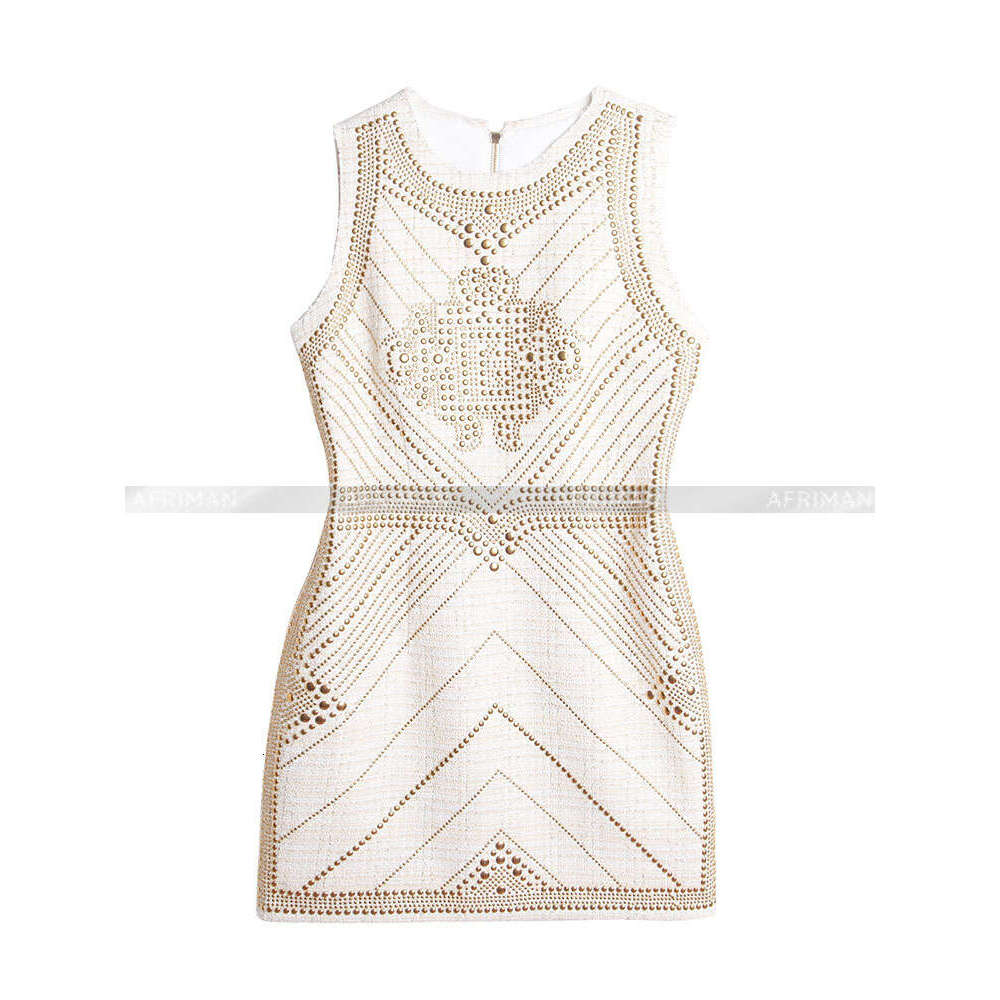 Women New Positioning Rivet Beaded Sleeveless Waist Wrap Hip Gold Thread Tweed Bodycon Dress