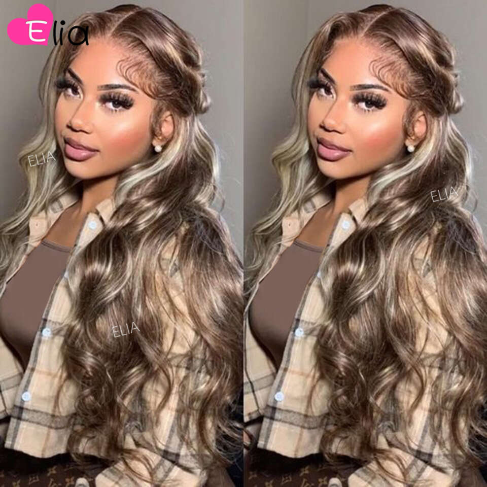 Ash Blonde Highlights Transparent Lace Frontal Human Hair Wig x Body Wave Brazilian Wigs on Sale Closure Inches