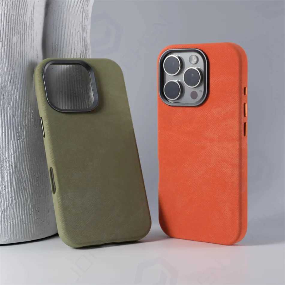 Luxury Fiber Leather For Phone Case For iPhone 16 15 14 13 12 Pro Max Plus Magnetic Wireless Charging Shockproof CoverLX241028