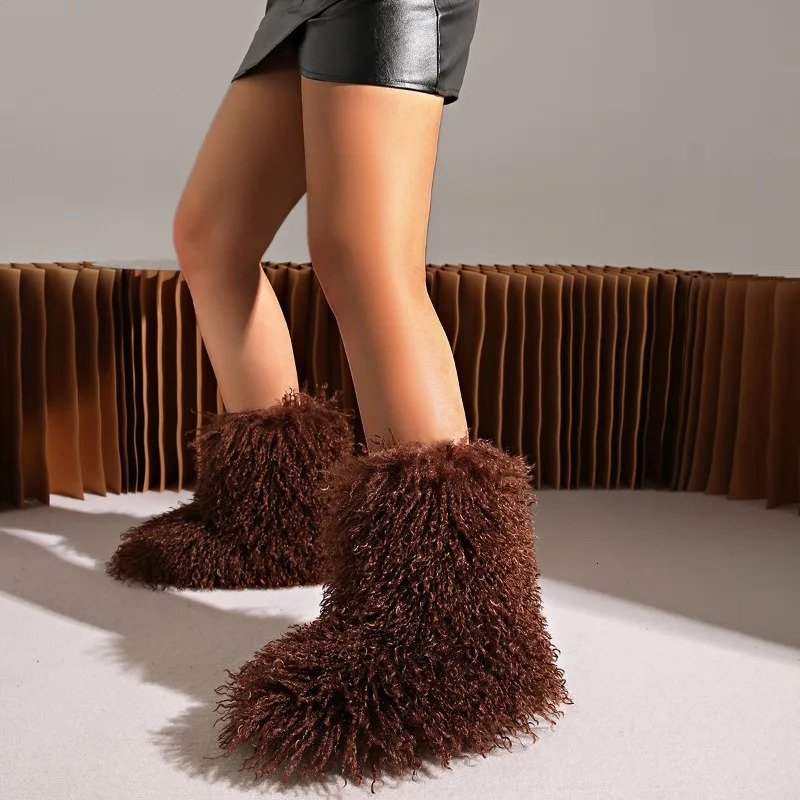 Winter Boots Furry Shoes Women Teddy Fur Snow Boots Fluffy Warm Faux Wool Boot Plush Fashion Boots Ladies Mongolian Fur Boot 241028