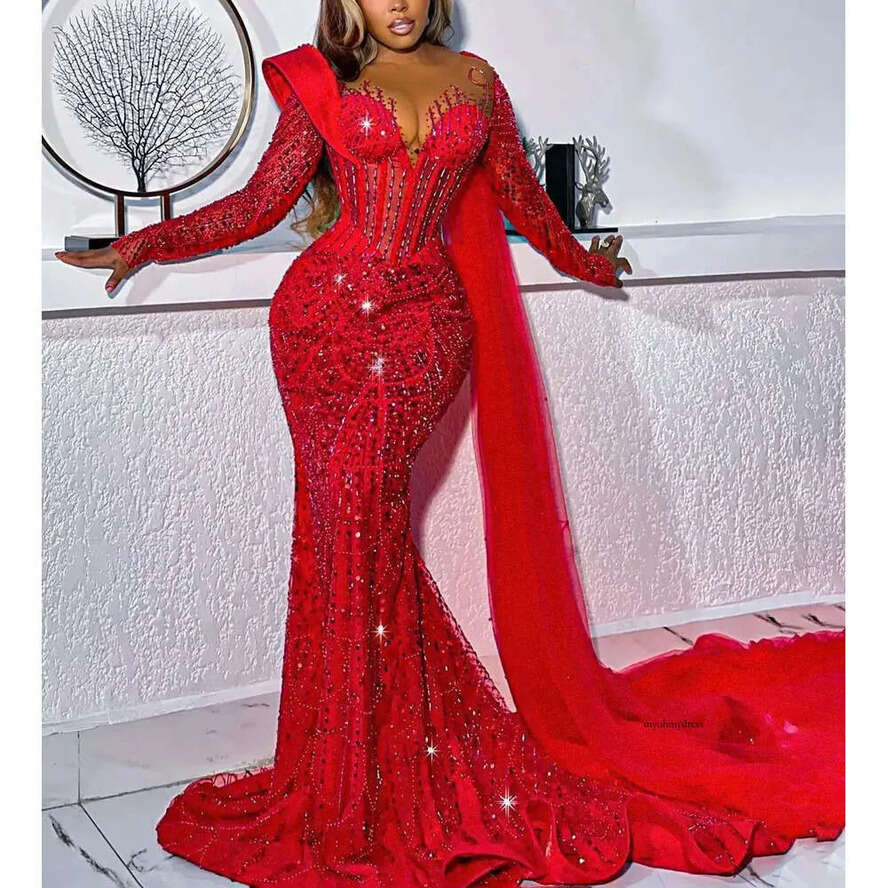 Red Mermaid Prom Long Sleeves V Neck 3D Lace Sexy Appliques Sparkly Sequins Beaded Or Length Celebrity Train Evening Dresses Plus Size Custom Made 043