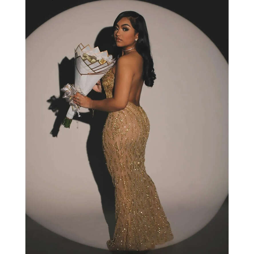 Evening Gold Dress Beads Sequined Backless Illusion Sexy Birthday Party Prom Dresses Vestidos De Gala Custom Made