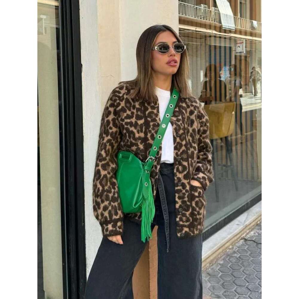 Leopard Print Mohair Women Knit Cardigan Fashion O Neck Single Breasted Full Sleeve Sweater New Autumn Commute High Streetwear