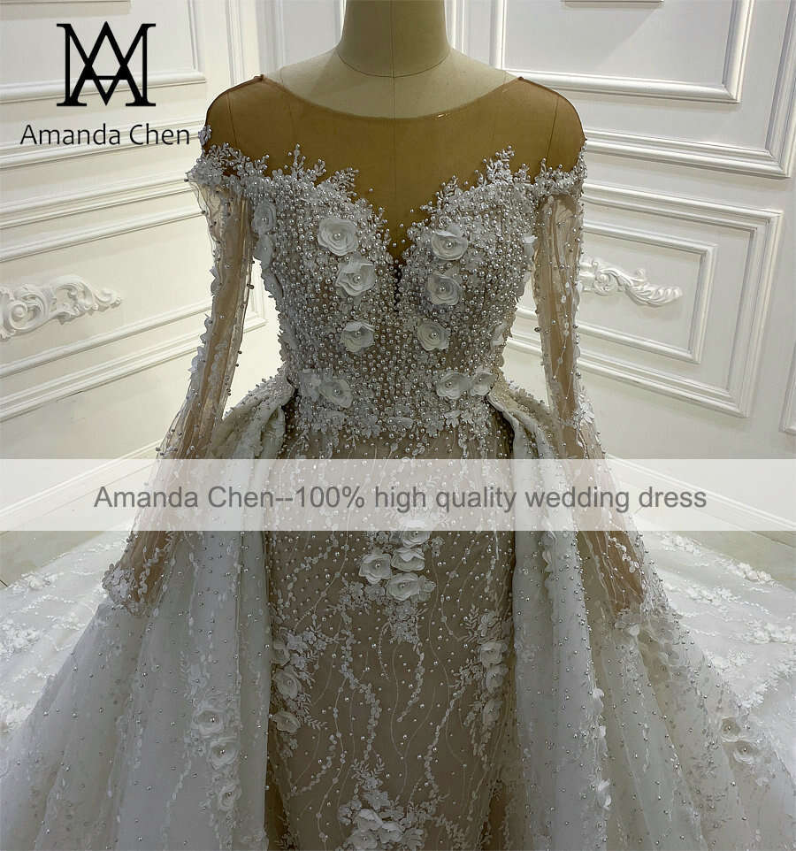 novias 2024 Long Sleeve Lace Applique Pearls 3D wers Detachable Skirt Wedding Dress