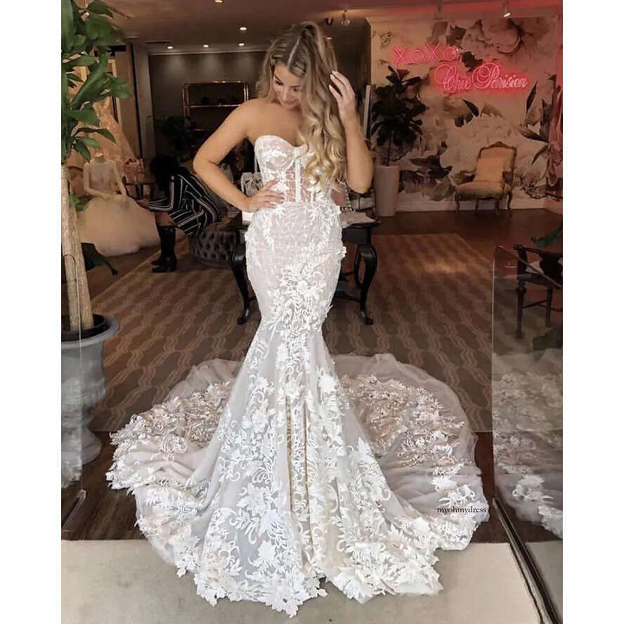 Mermaid Sweetheart Bride Dress Appliqued With Wers Lace Boho Wedding Gown Vestidos De Novia 0509