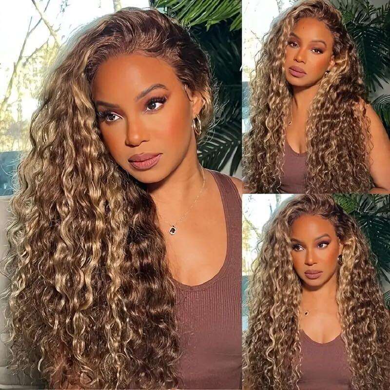 Highlight Colored Wig Human Hair Kinky Curly x Lace Frontal Wigs Deep Water Wave Honey Blonde Front