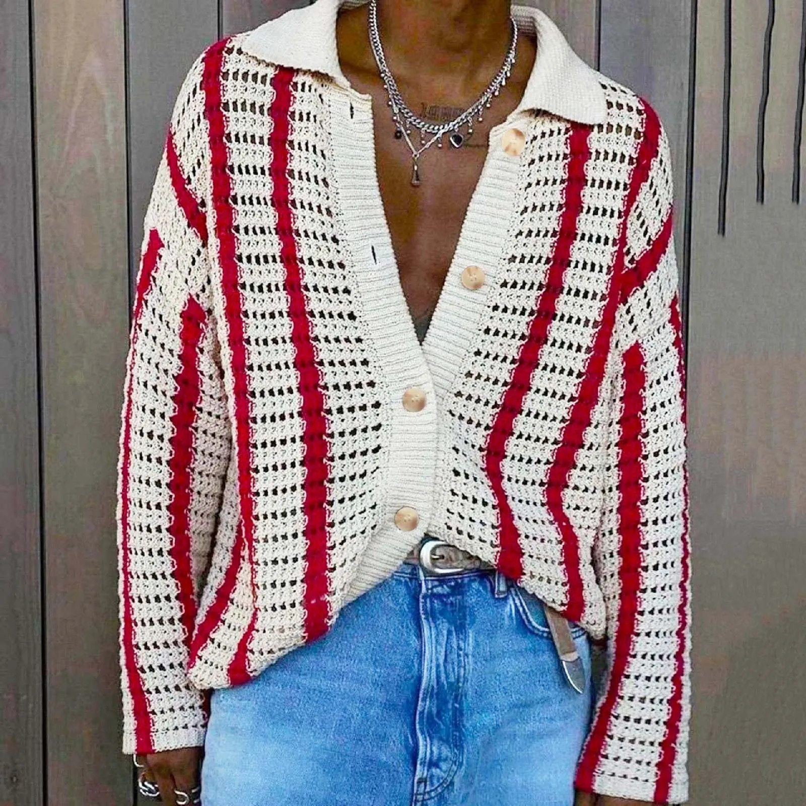 Mens Sweater Clothing European and American Fashion Casual Hollow Woven Knitted Versatile Striped Cardigan 241024