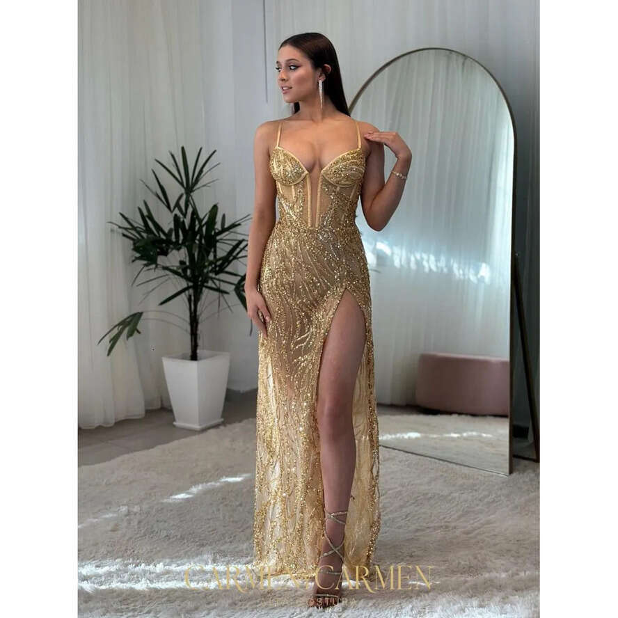 Mermaid Gold Prom Dress Thigh Split Illusion Formal Evening Elegant Detachable Overskirt Glitter Sequins Party Dresses For Special Ocns Promdress