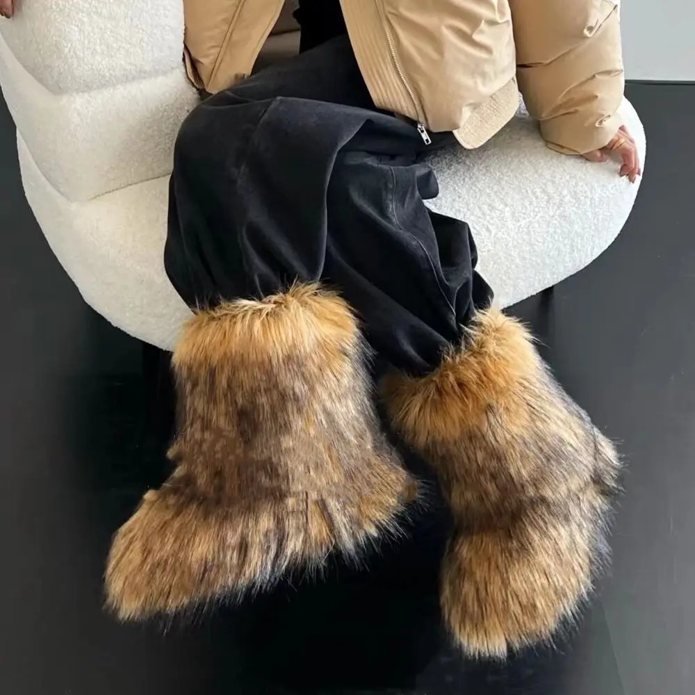 Womens Winter Snow Boots Outdoor Furry Faux Fox Fur Boots Woman Plush Warm Platform Shoes Fashion Bottes Big Size 44 241028