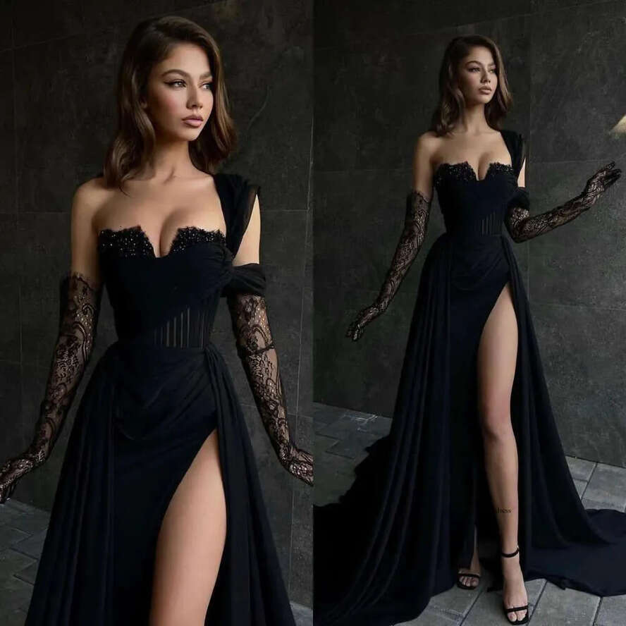 Lace Black Evening Bateau Neck Half Sleeves Formal Party Prom Dress Beads Sequins Decor Dresses For Special Ocns With Slit