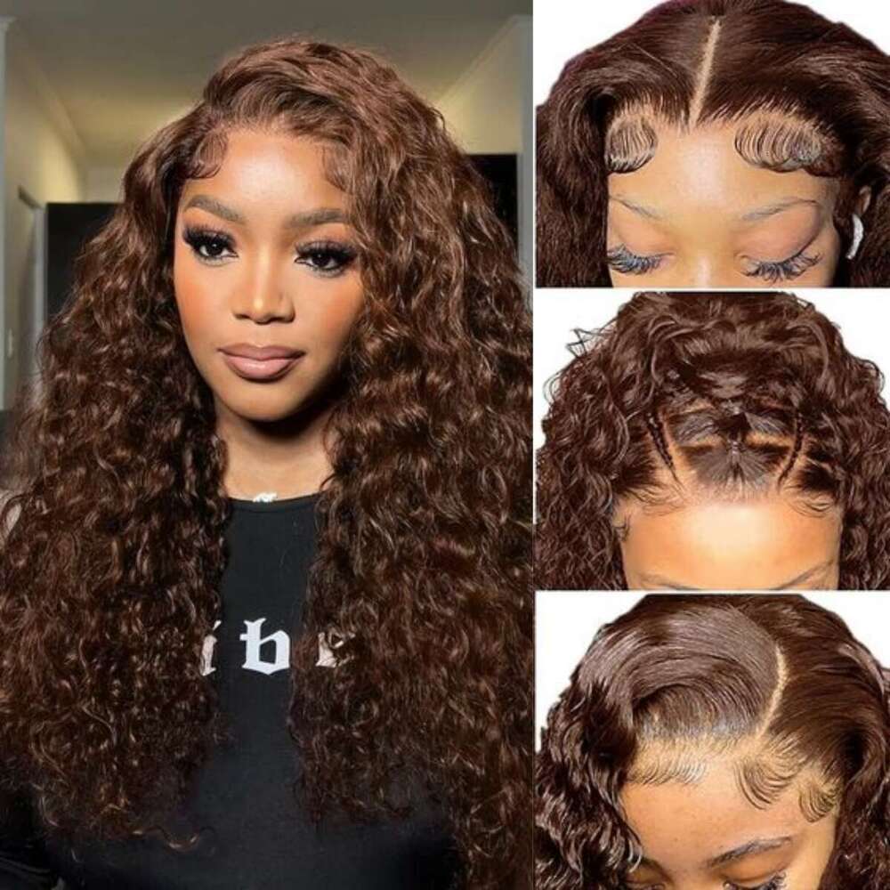 Deep Wave Chocolate Brown x HD Human Hair Lace Frontal Wigs Brazilian For Women Curly