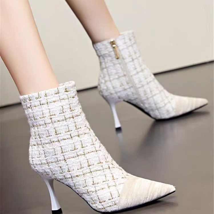 Women's Fashion Boots:High Heel Trendy Design Winter Stylish Wear Pointed Toe Gentle Style,Black/Beige,Free shipping
