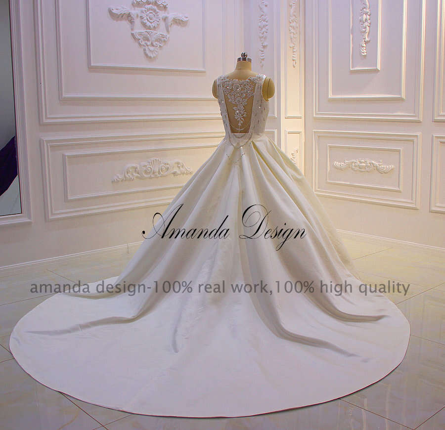 Amanda Design Cap Sleeve Lace Appliques Crystal Illusion Back Wedding Dress