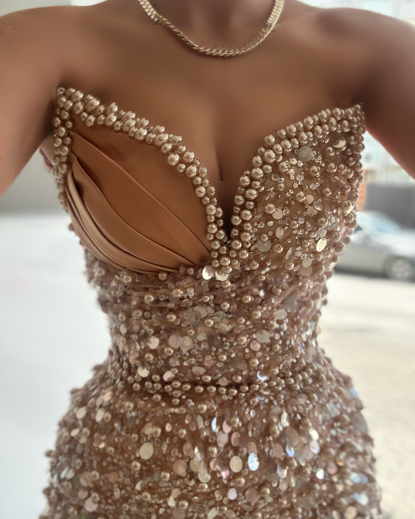Elegant pearls champagne Evening Dresses sweetheart sheath evening gown sequins peplum formal prom dresses for women