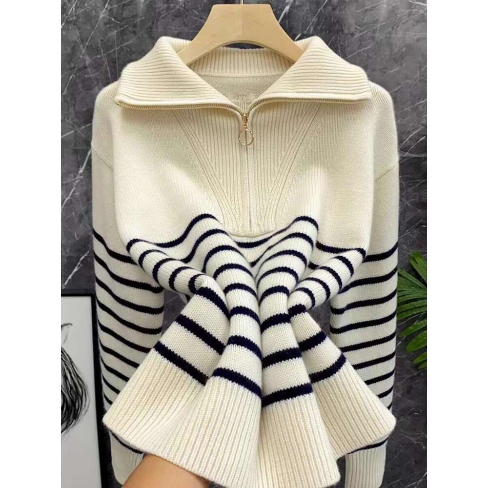 Autumn/Winter New Classic Striped Zipper Turtleneck + Lapel 100% Cashmere Knit Women's Bottom Sweater