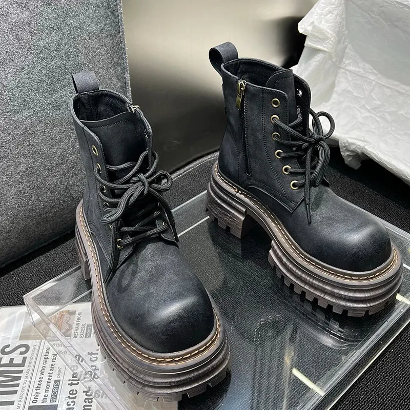 Womens ankle snow with platform soles Mid-heel fashion leather shoes womens Winter trend casual Goth style Knight boots Botas Mujer 241118