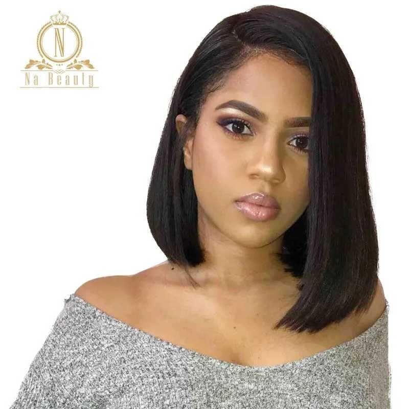 13 * 4 natural black lace transparent blunt cut bob wig pre inserted short bob wig Brazilian Remy hair M241028
