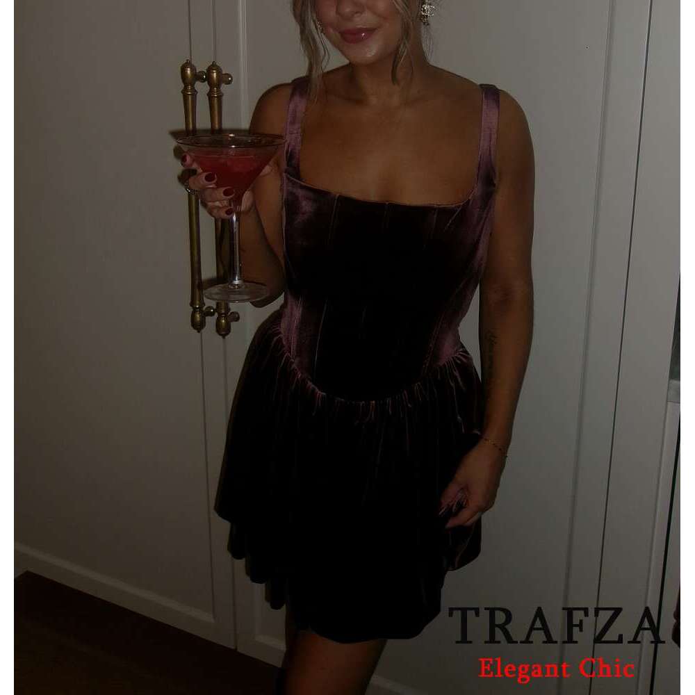 TRAFZA Women Sexy Veet Corset Suspender Vintage With Party New Spring Fall Fashion Romantic Mini Dress