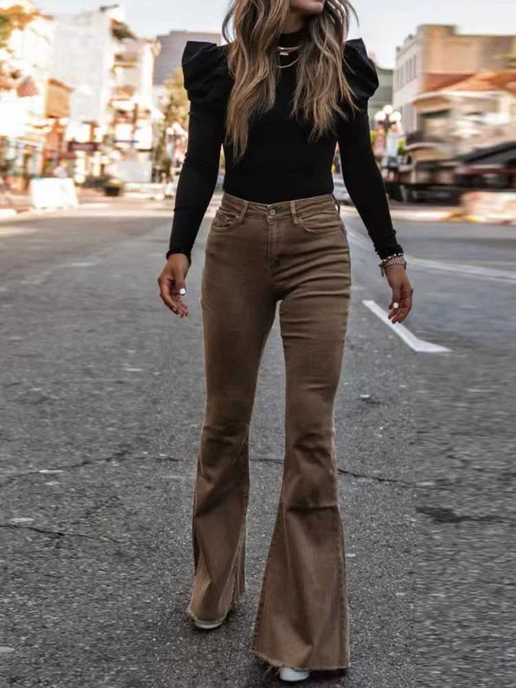 2022 Corduroy Trousers All Season Women Solid Button Fly Pocket Loungewear Slim Fit Ladies Flare Pants Streetwear DropshippingX241028