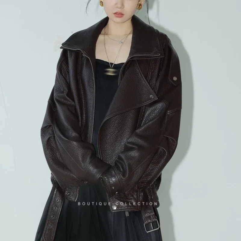 Womens Y2k Jacket Autumn Fashion Street Loose Casual Retro Heavy Double-Layer Collar Profile Jacket Leather Coat Female 241028