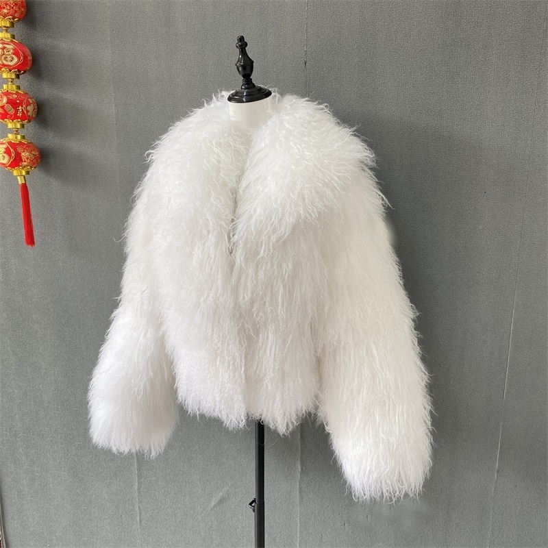 Mongolian Fur Lapel Jacket Women Elegant White Fluffy Solid Thicken Warm Long Sleeves Coats Winter Chic Oversize Lady