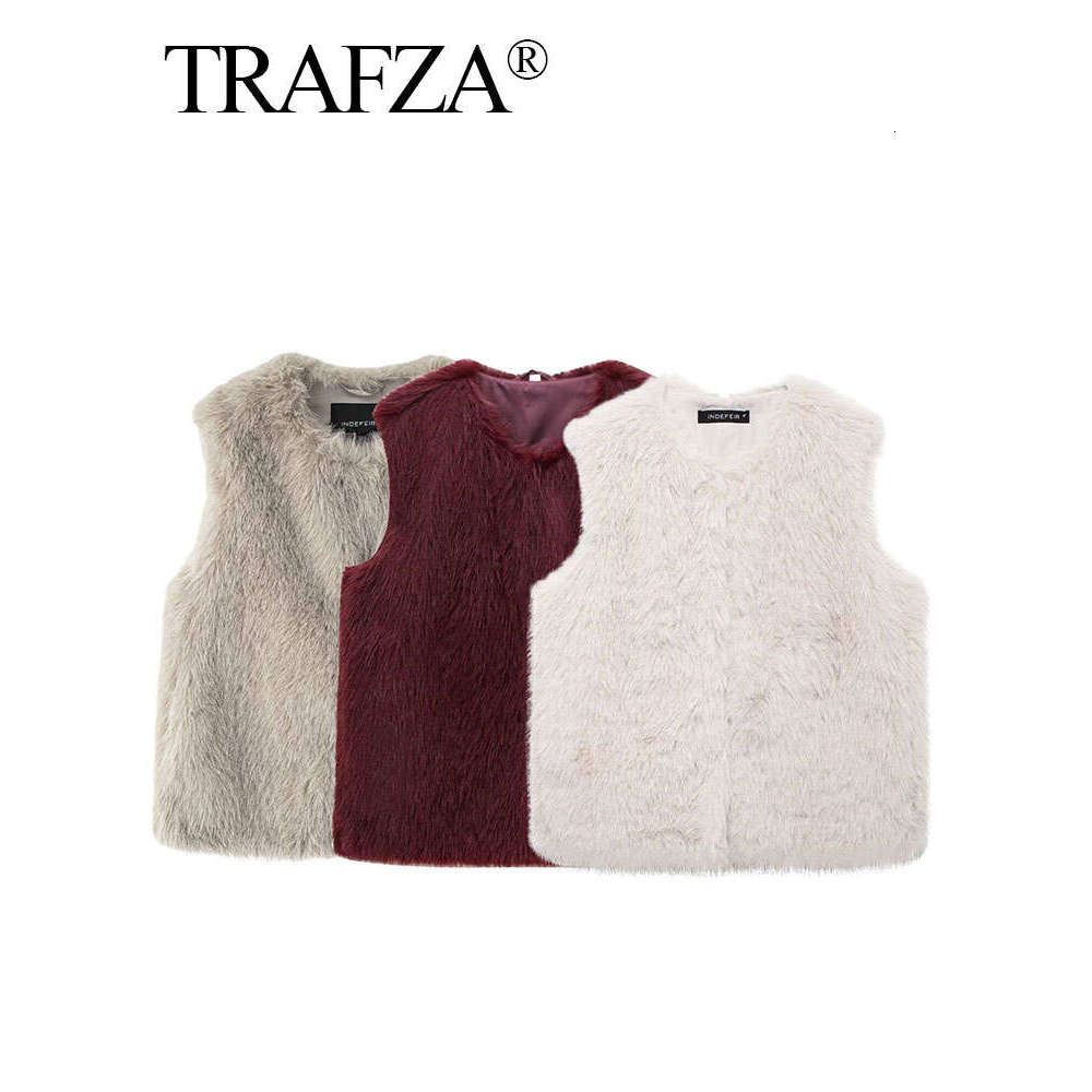 TRAFZA Faux Fur Vests For Women 2024 New Fashion Fluffy Sleeveless Jackets Female Vest Loose Winter Warm Streetwear Waiscoat Top