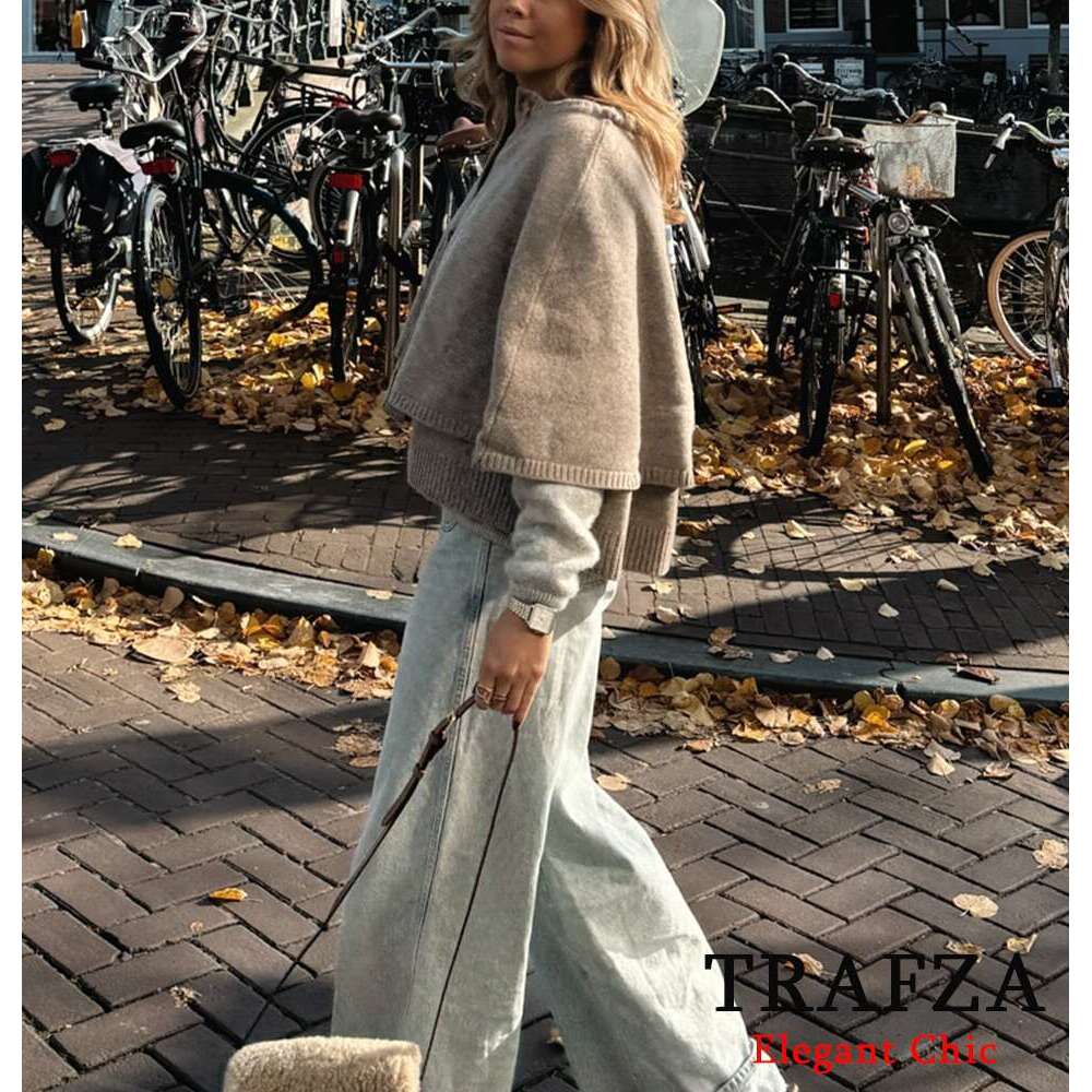 TRAFZA Elegant Women Knitted Buttons Layered Decoration Cape New 2024 Spring Fall Vintage Casual Sweater