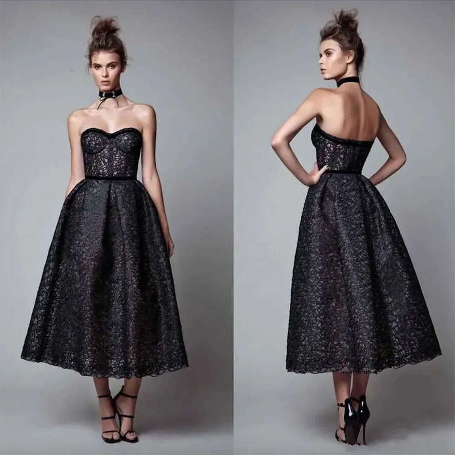 Berta 2023 Black Evening Dresses Sweetheart Lace Appliques Prom Gowns Custom Made Tea Length A E Special Ocn Dress 0509