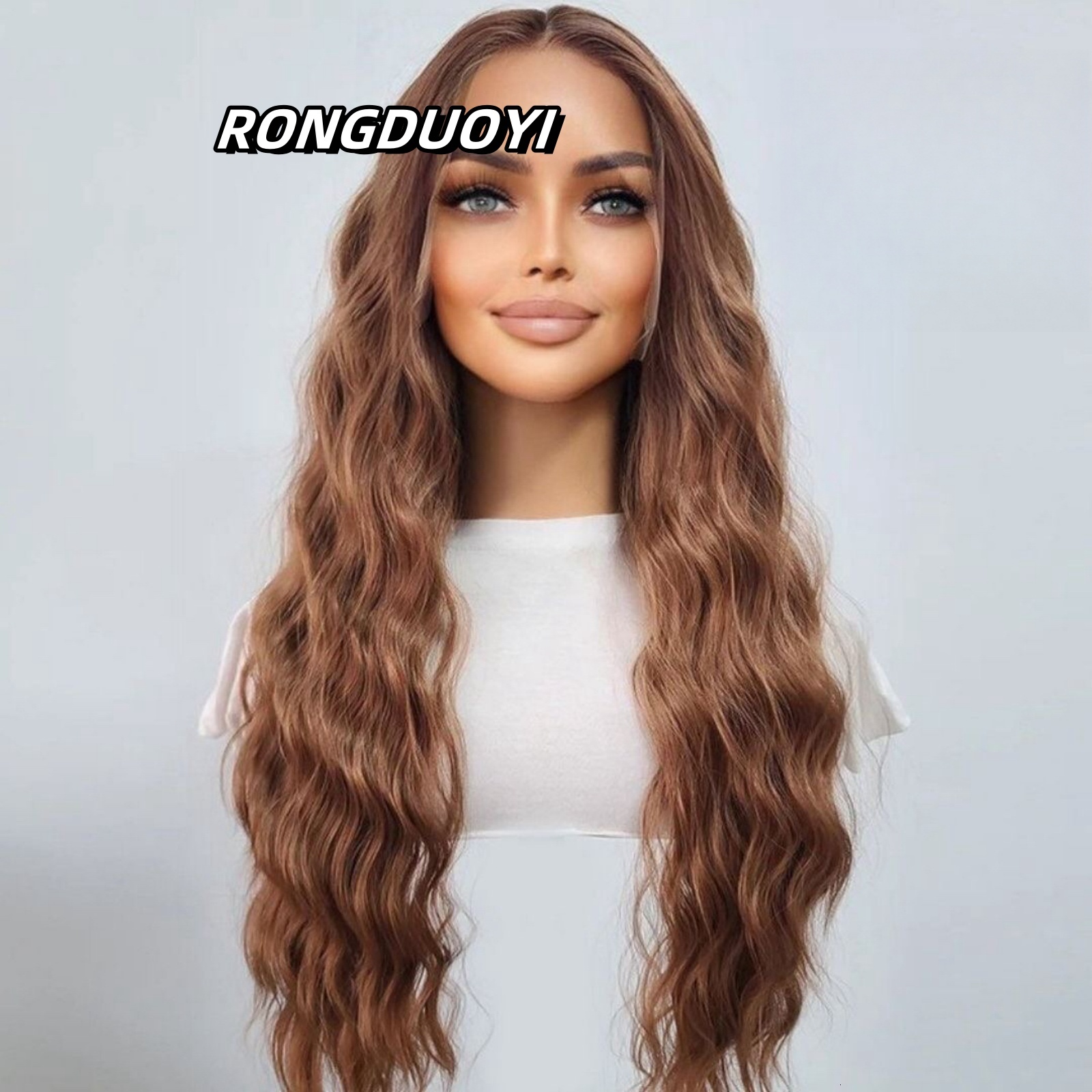 Deep Wave Synthetic Front Wig Glueless Brunette Long Curly Light Brown Colored Hair Lace Frontal Wigs for Women