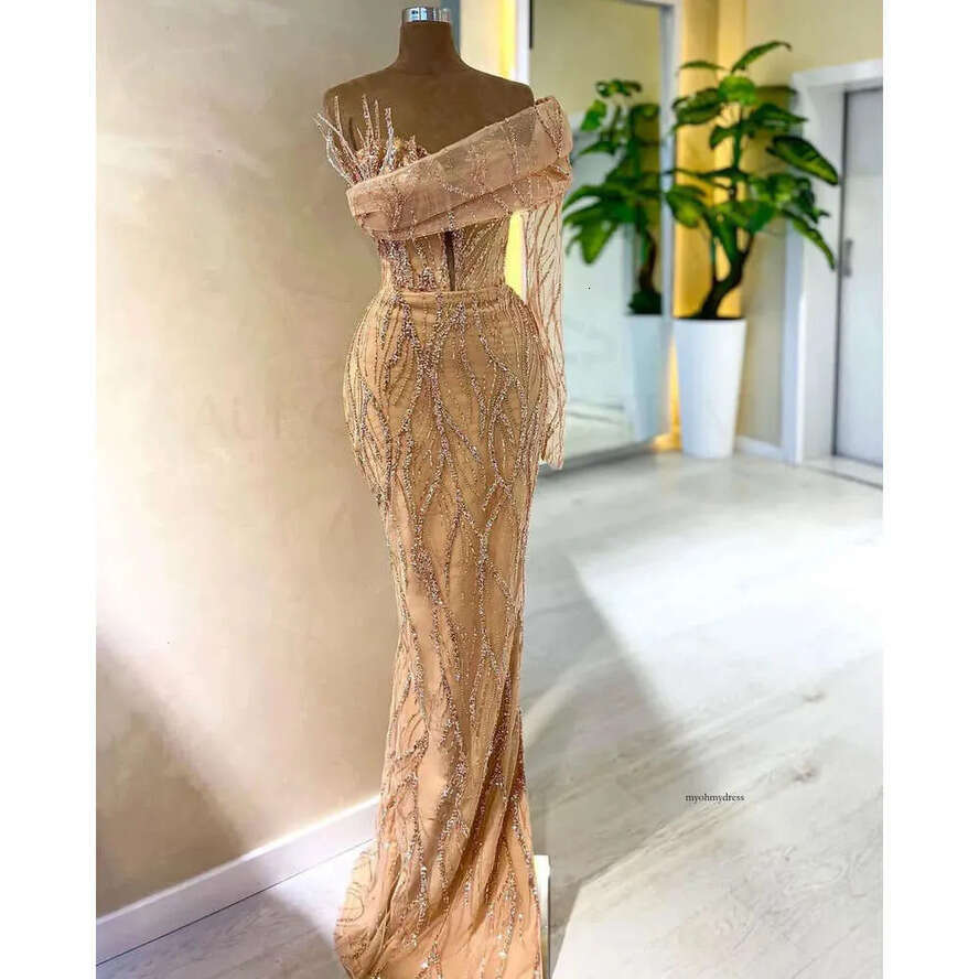 Gold Mermaid Prom Dresses One Long Sleeve V Neck Appliques Sequins Or Length Bead Celebrity Dias Sparkly Evening Dress Bridal Gowns Plus Size Custom 0