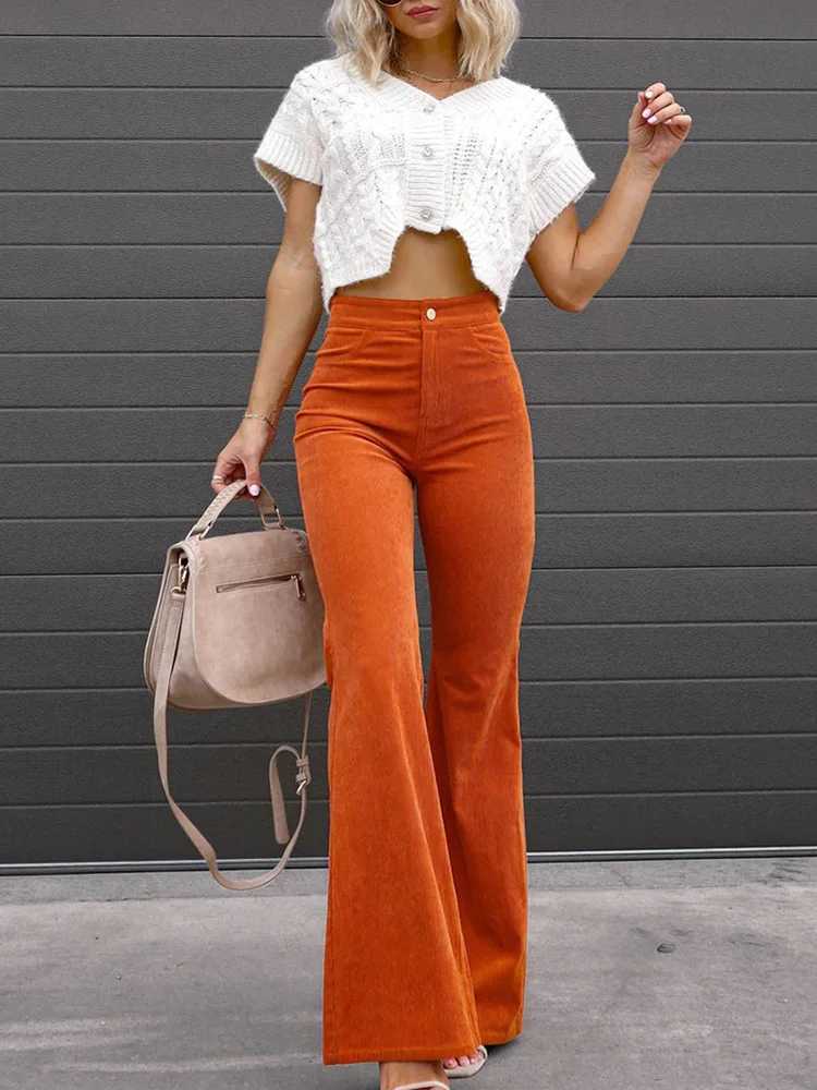 2022 Corduroy Trousers All Season Women Solid Button Fly Pocket Loungewear Slim Fit Ladies Flare Pants Streetwear DropshippingX241028