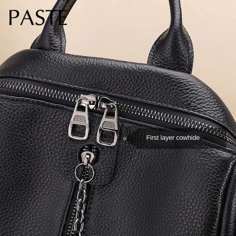2024 Full Grain Cow Women Backpack Gun Black Color Hardware Ladies Cowhide Leather Bagpac Female School Book Bag