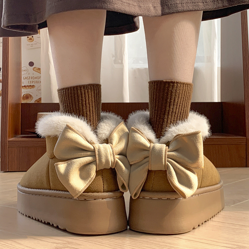 2024 new woolen bag with butterfly knot cotton shoes for women's winter thick soled height increasing versatile and plush warm snow boots can be 