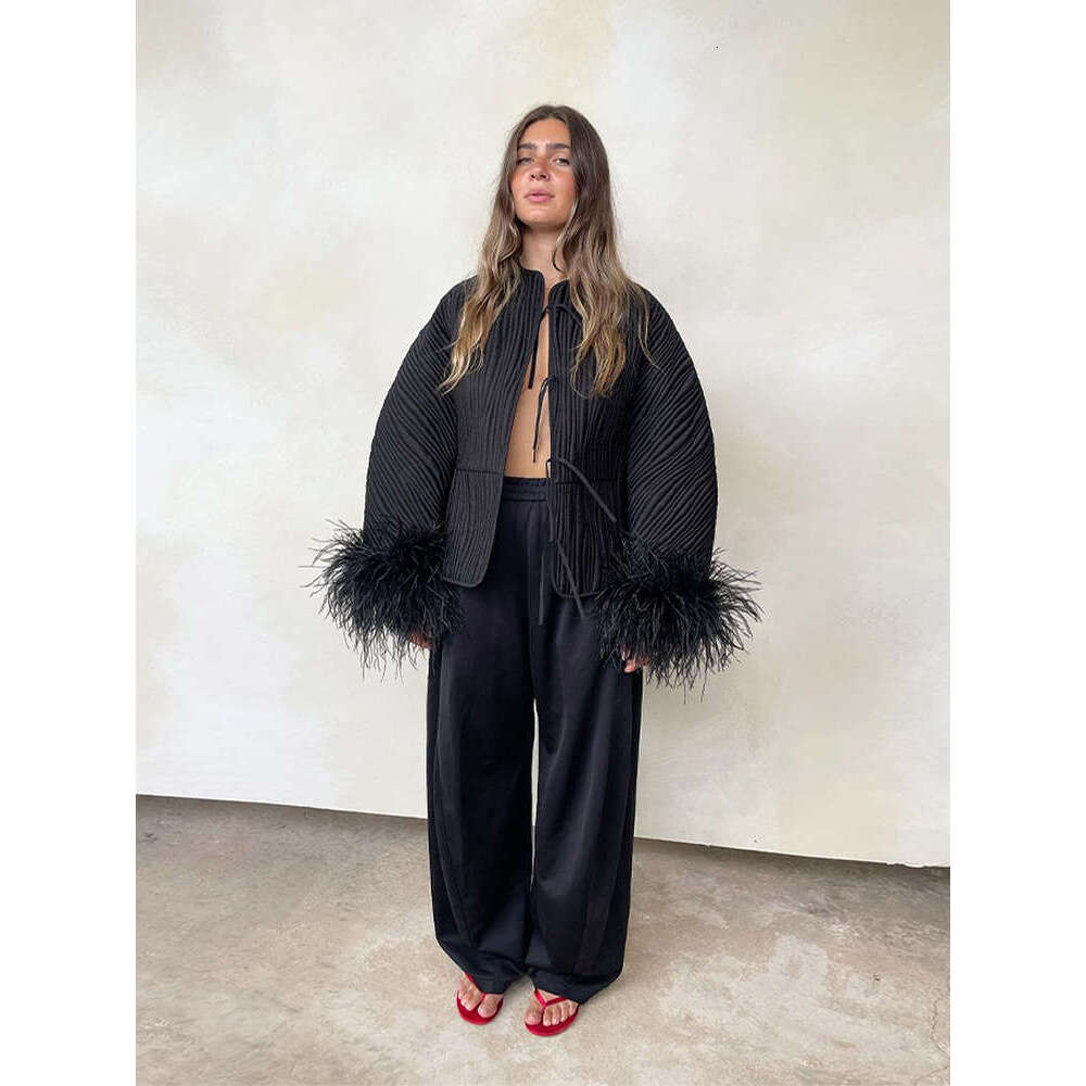 Fashion Feather Spliced Lace Up Solid Cardigan For Women Elegant 0-Neck Long Sleeve Oversized Sweater 2024 Lady High Streetwear