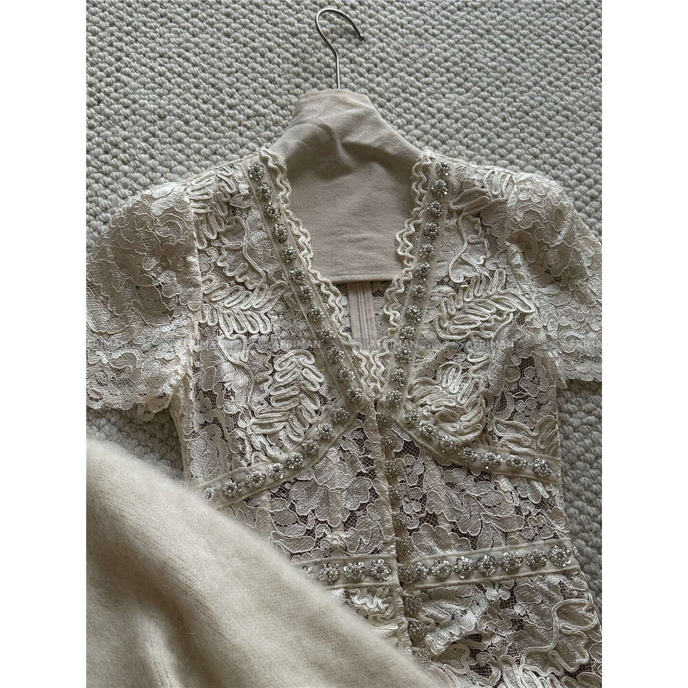 Women V Neck Short Sleeve Dia Button Decoration Lace Embroidery Long Step Dress