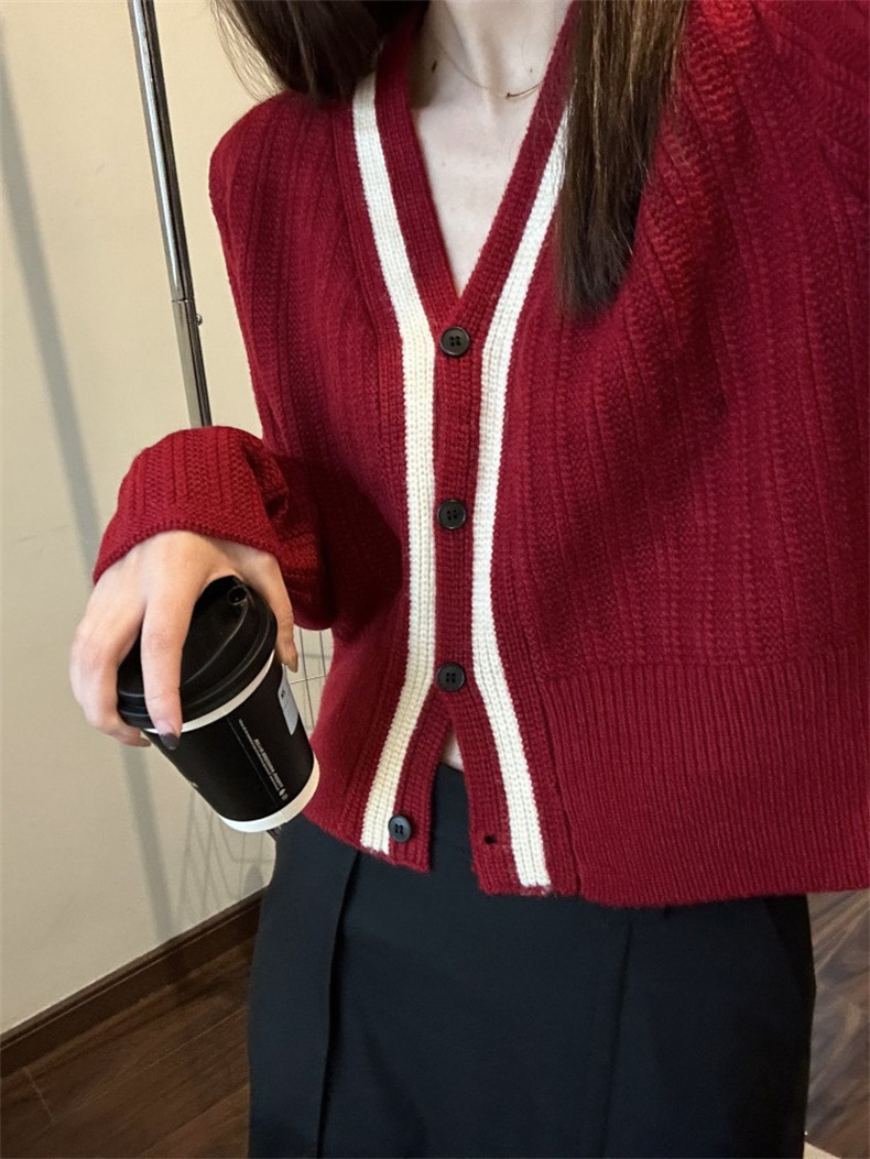 Autumn Contrasting Knitted Cardigan With V Neck Short Style Slim And Laid Back Long Sleeved Sweater Jacket F1028#38