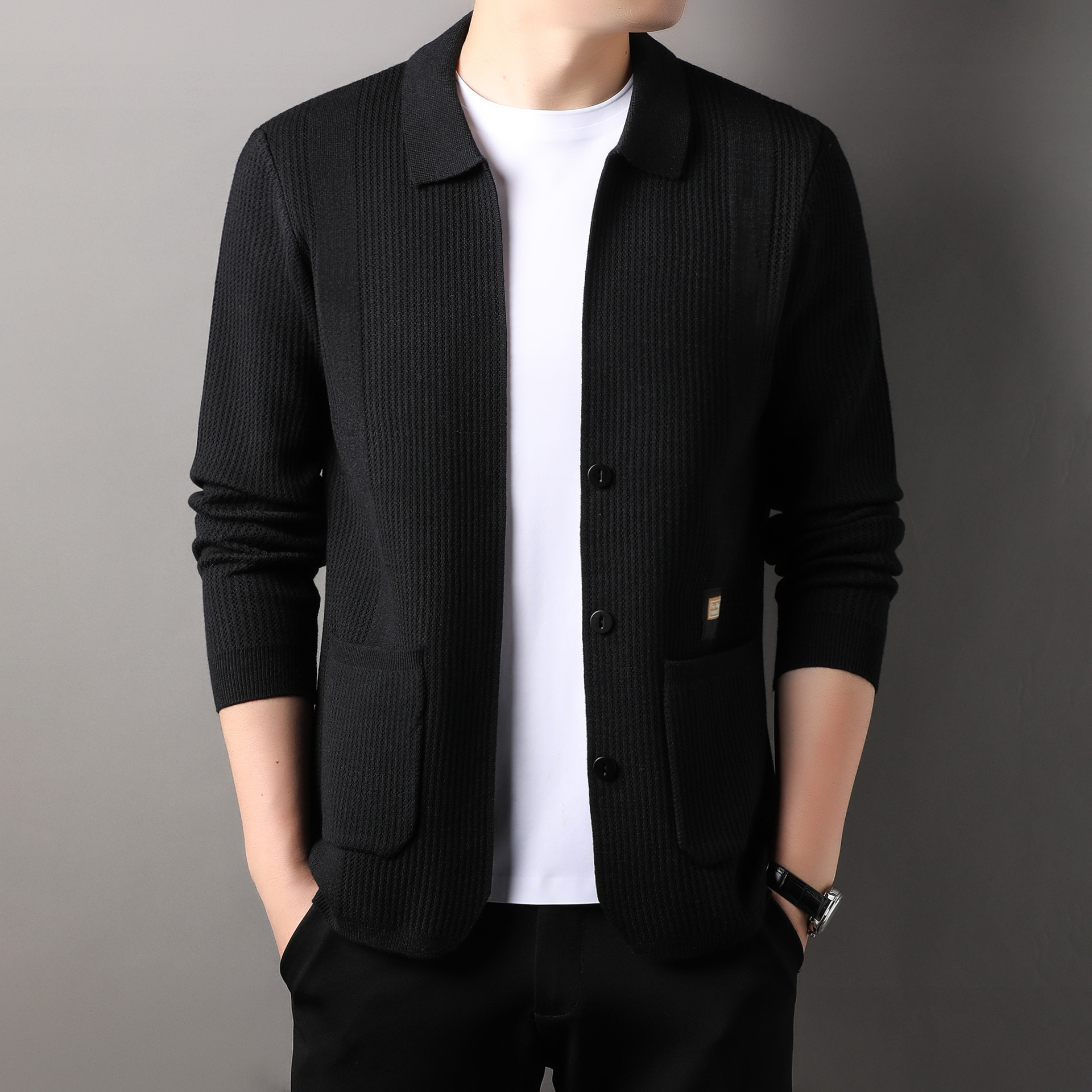2024 new designer cardigan men's mid neck casual thin long sleeved Korean version slim knit jacket