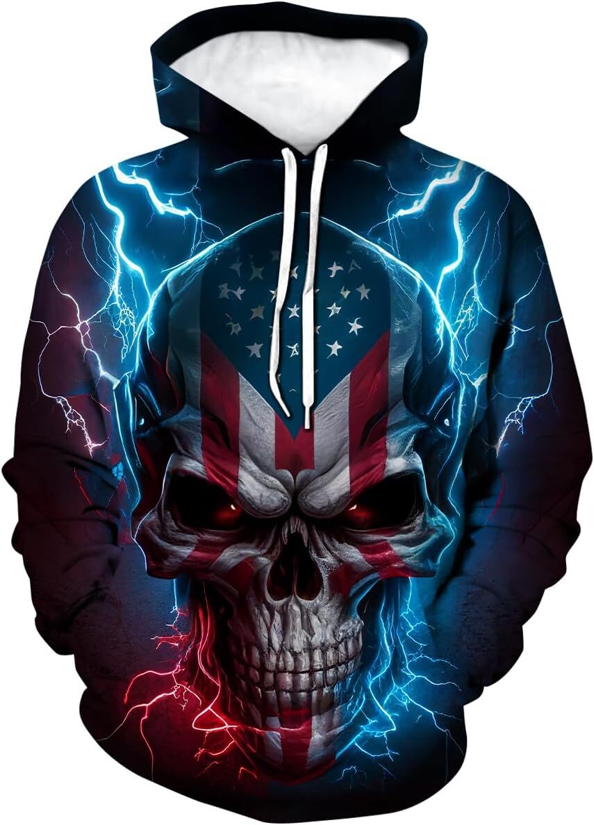 Hoodie for Mens Womens Mens Lightning cool Skull Hoodie Patriotic Theme Sweatshirt American Flag Graphic Pullover Graphic Hoodies sweatshirt Trendy pa