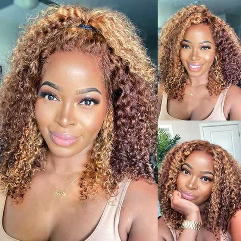 Highlight short curly Bob wig 13x4x1 lace front wig pre shedding P4/27 color short wave female wig M241028