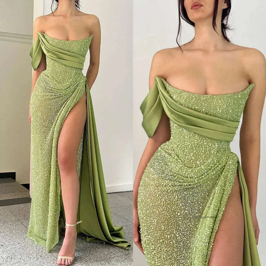 Fashion Green Sequins Prom Dresses Strapless Evening Gowns Pleats Slit Formal Red Carpet Long Special Ocn Party Dress 0515