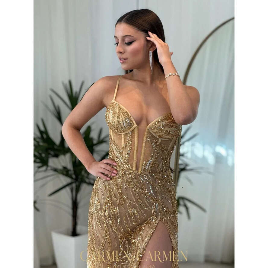 Mermaid Gold Prom Dress Thigh Split Illusion Formal Evening Elegant Detachable Overskirt Glitter Sequins Party Dresses For Special Ocns Promdress