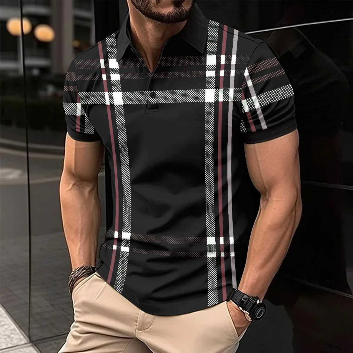 Fashion Mens Striped POLO Shirt Casual Business Lapel Button Short Sleeve Street Summer Trend Style Mens Clothing Oversized Tops XJ250605