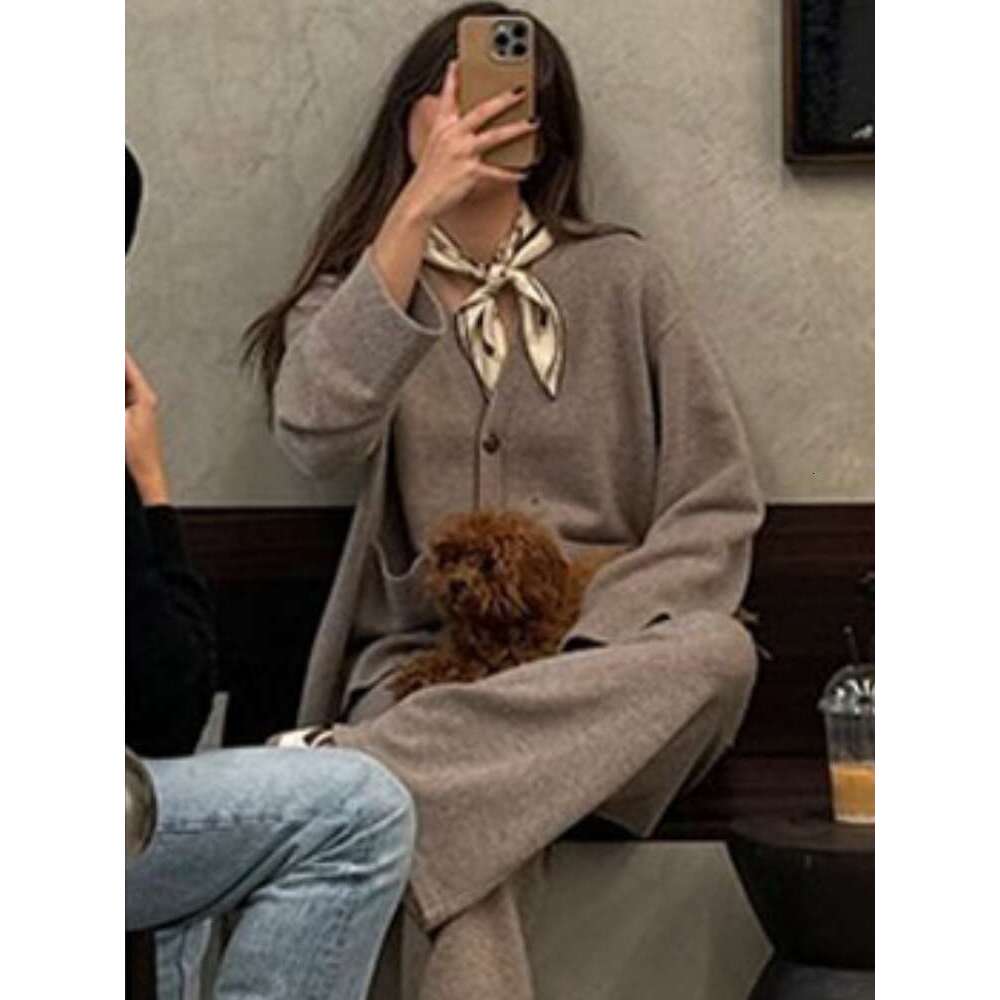 2024 New Chic V-Neck Buttons Cardigan Sets With Pockets Women's Solid Knitted Wide Long Pants Suit Lady Daily Streetwear Autumn