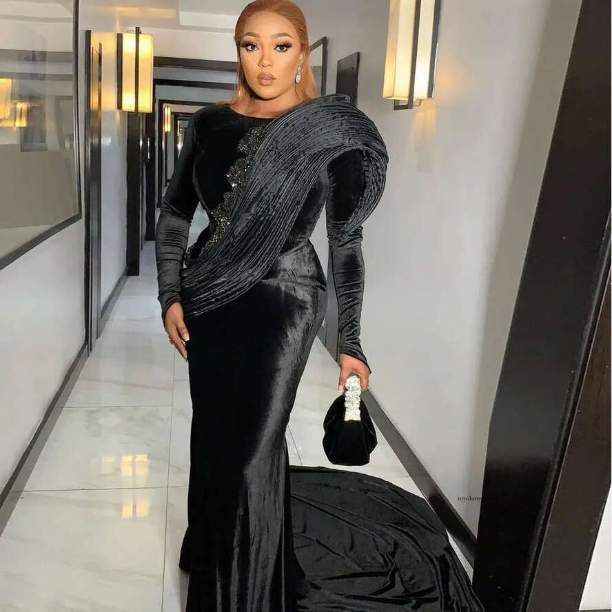 Black Elegant Mermaid Prom Appliques Beads Pleats Plus Size Evening Dress Aso Ebi Formal Party Gowns Vestidos De Gala
